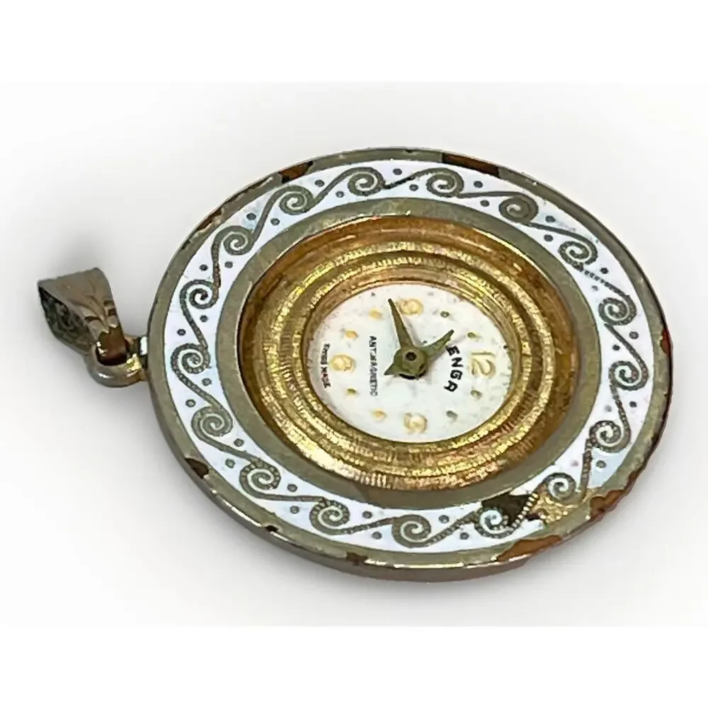 Vintage Ienga Swiss Made Pendant Watch White Enamel Gold Tone 15.7g